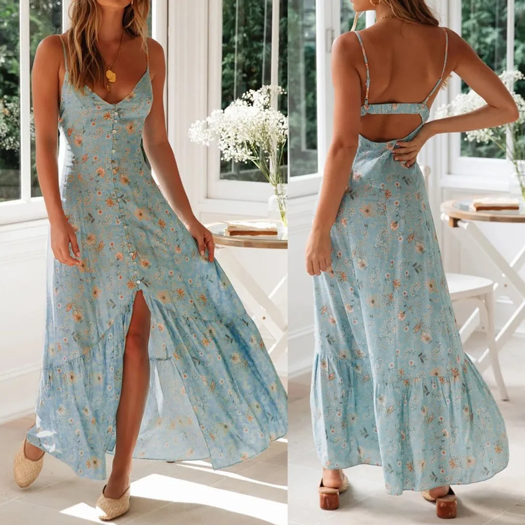 

Summer Beach Maxi Dress Women Sexy Spaghetti Strap Sleeveless Floral Print Backless Dress Casual Button Ruffles Hem Long Dresses