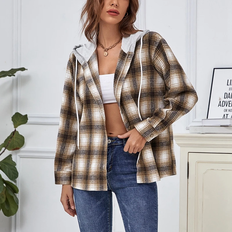 

Women Hooded Shirt with Adjustable Drawstring, Plaid Pattern Single-breasted Spring Clothing