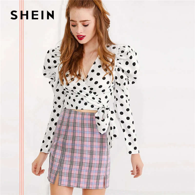 SHEIN x Madelaine белая блузка в горошек с длинными рукавами и бантом, Женская Осенняя блузка с v-образным вырезом, элегантные топы и блузки
