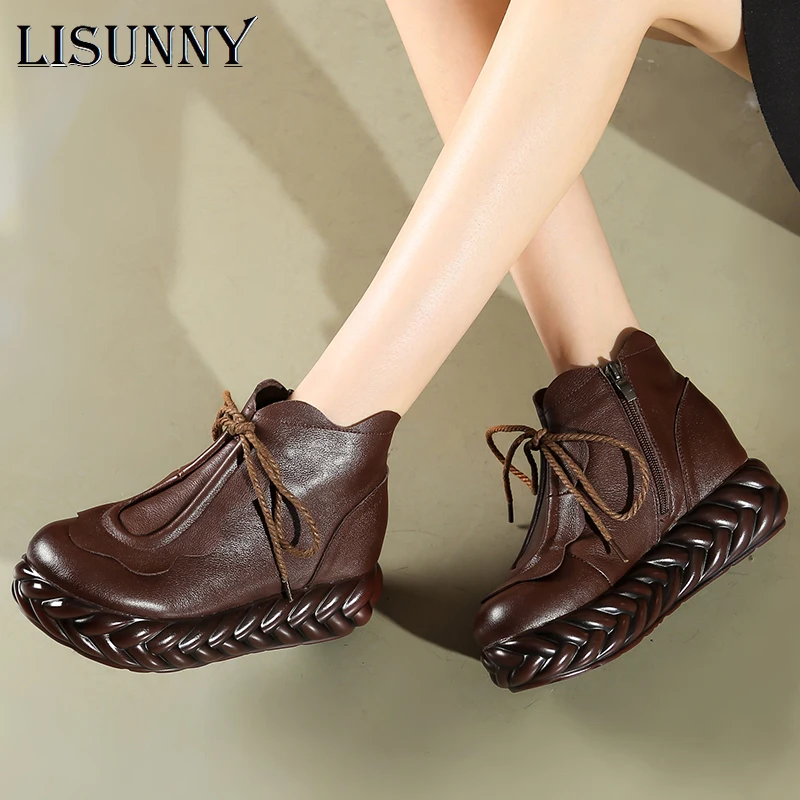 

Ботинки женские из натуральной кожи, на толстой подошве, со шнуровкой, Осень-зима, 2021