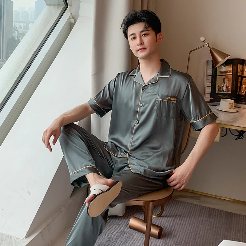 

New Autumn Men's Pajamas Set Elastic Waist Men Sleepwear Good Quality Silk Men's Short Sleeve Print Top &Long Pant Pijama Mujer