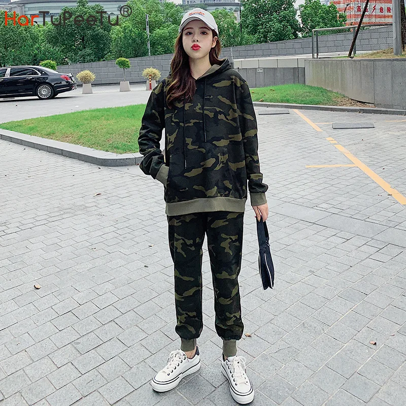 

2021 Spring Women Sport Two Piece Suit Loose Casual Tracksuit Pullover Hoodie Top and High Waist Long Pants Thick Camouflage Set