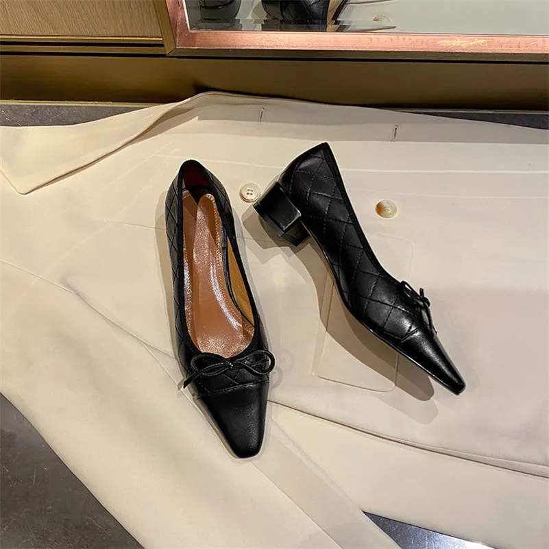 

Meotina 2021 New Pointed Toe Med Heels Genuine Leather Shoes Women Pumps Sheepskin Bow Thick Heel Shoes Slip On Ladies Footwear