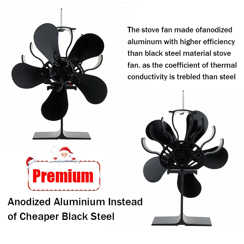 

Black Fireplace 5 Blade Heat Powered Stove Fan Log Wood Burner Eco Friendly Quiet Fan Home Efficient Heat Distribution