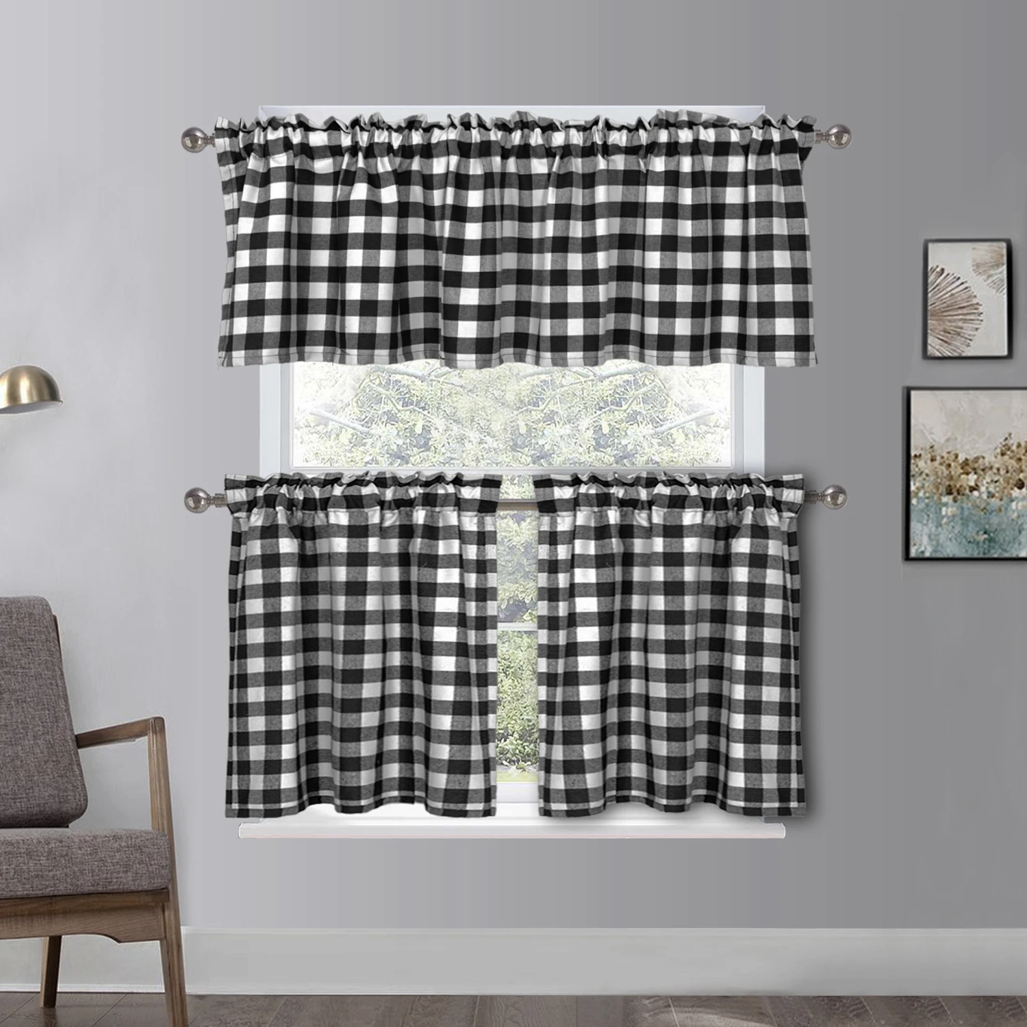 

Plaid Gingham Tier Curtains, Buffalo Check Rod Pocket Short Window Curtains for Kitchen Cafe Curtains Bathroom Window Curtains