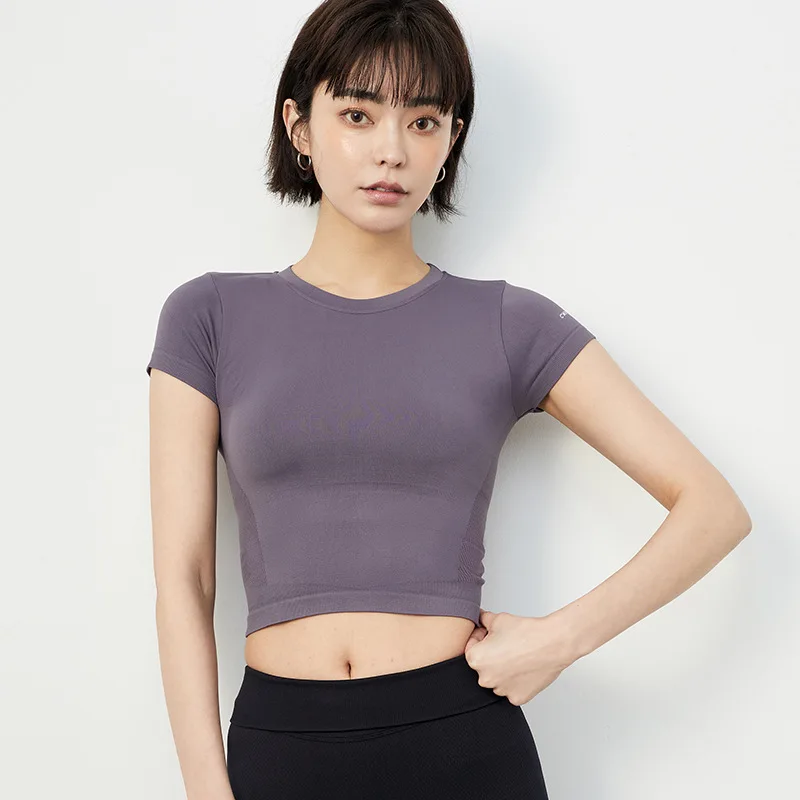 

Новинка 2020, V-образный вырез на спине, дышащий облегающий спортивный топ с короткими рукавами для бега и тренировок в пупке, одежда для фитне...