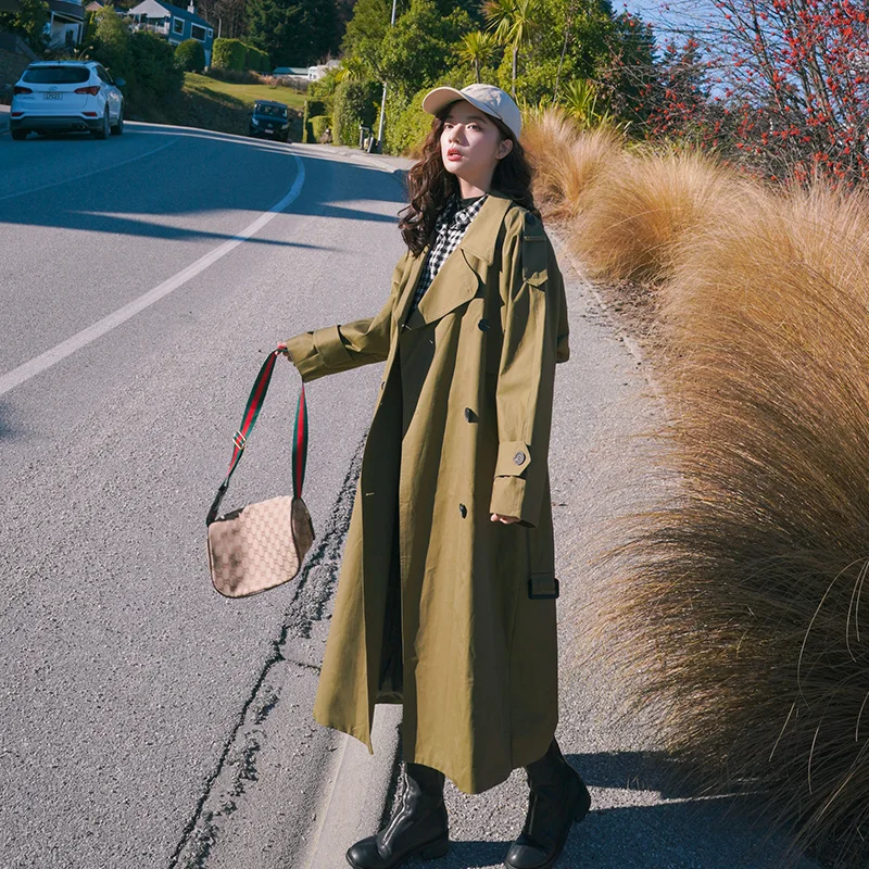 Женский двубортный Тренч армейского зеленого цвета офисный дамский плащ