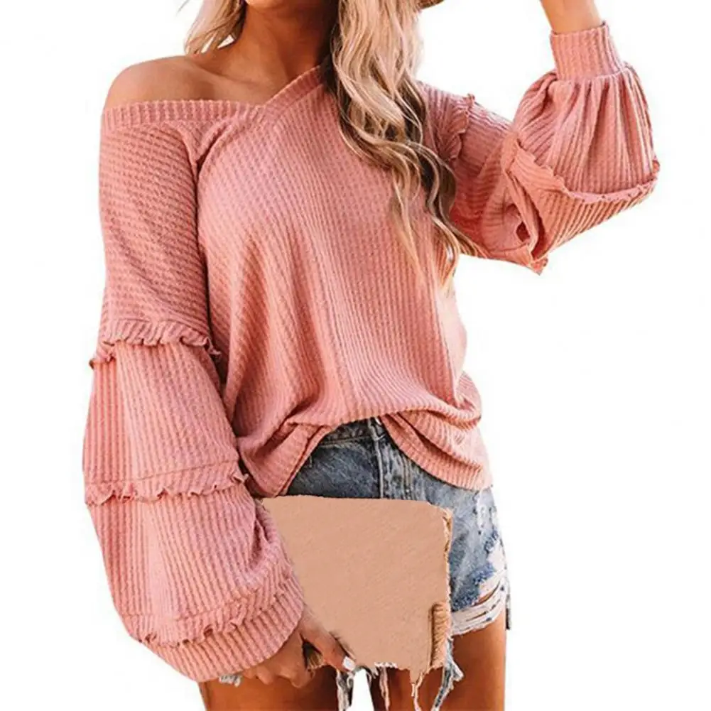 

Knitted Women Blouse Sweatshirt Solid Color Waffle Lantern Sleeve Ruffles Top Base Shirt Blouse Elegant