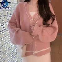 pink gentle wind knitted cardigan womens autumn and winter 2021 new loose korean girl sweet lazy single breasted sweater jacket