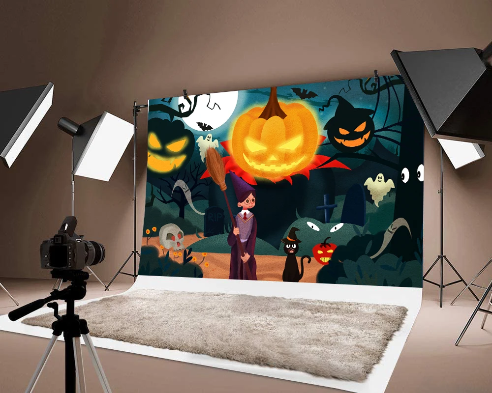 

Thin Vinyl Backdrop Photo Happy Halloween Background Decorations Pumpkin Lantern Printed Photograph Decor