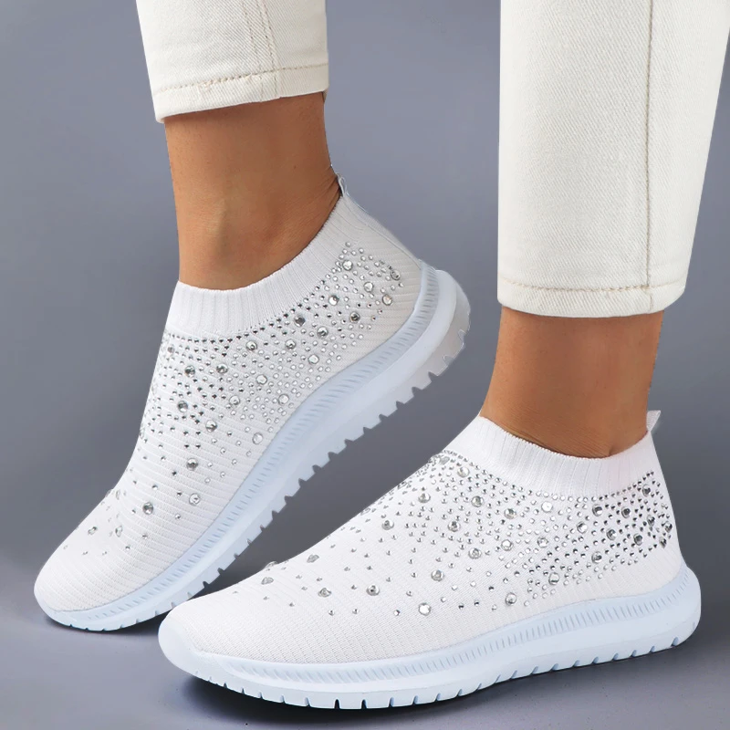 

Women Flats Sneakers Crystal Fashion Bling Sneakers Casual Slip On Sock Trainers Summer Women Vulcanize Shoe Zapatillas Mujer