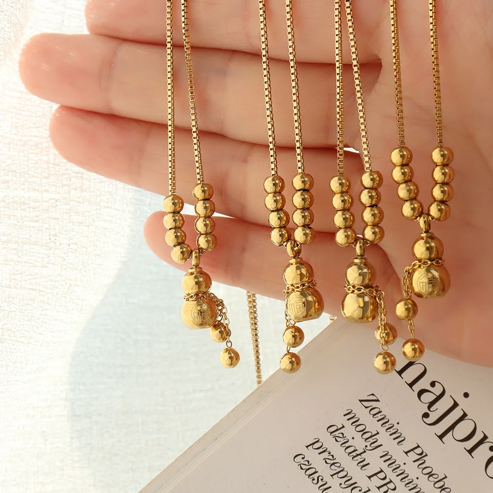 

Fashion Chinese Style Stainless Steel Jewelry Fortune Gourd Necklace Gold Color For Women NRYZBTBD
