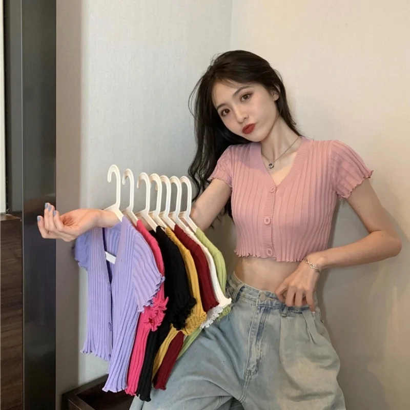 

V-образный вырез облегающий короткий-Фотоэлемент Летний Новый дизайн чувственный короткий топ мягкая фотоэлемент женская одежда