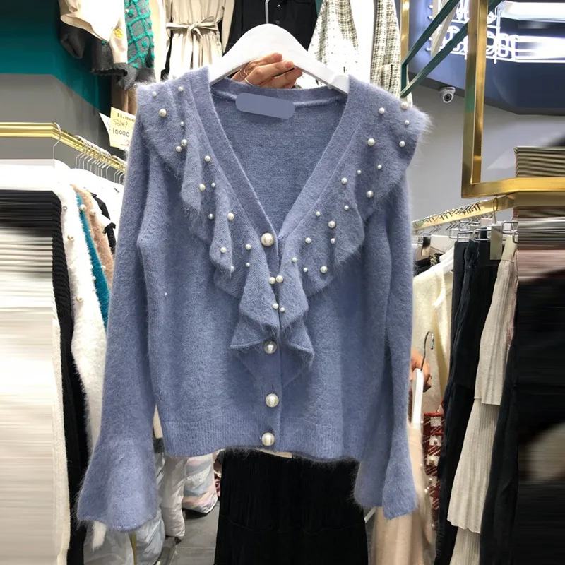 Autumn Women V-neck Imitation Mink Ruffles Beaded Coat Velvet Pearls Knit Cardigan Mohair Sweater Jacket Flare Sleeve Crop Tops |