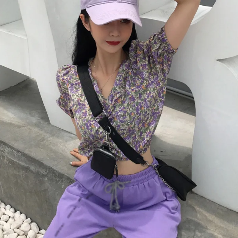 

Women Floral Print Chiffon Blouses V-Neck Pleated Shirts Short Sleeve Summer Blouses