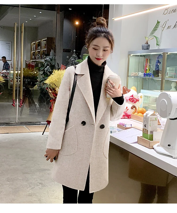 

Korean Style Short Coffee Tailored Collar Woolen Coat 2021 Autumn And Winter New Small Women's Mid-Length Slim Elegant Overcoat