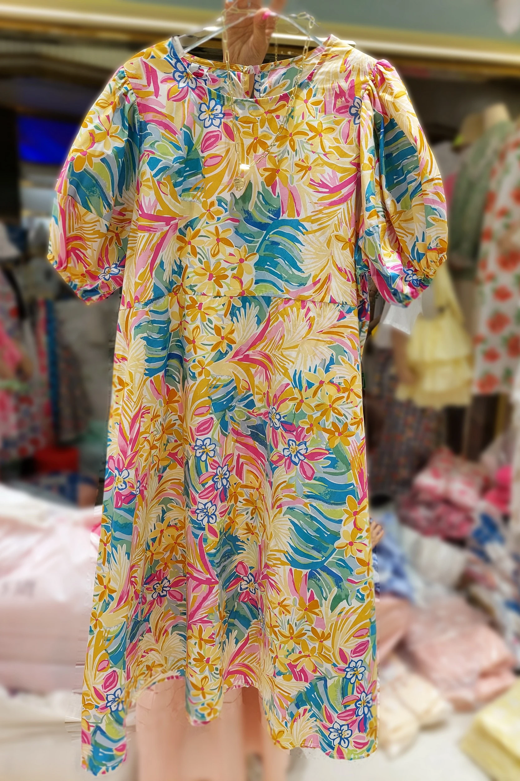 

Summer Colorful Floral Puff Sleeve Women Vacation Dress Natural Waist Floral Cotton Silk Princess Dress Plus Size Dress