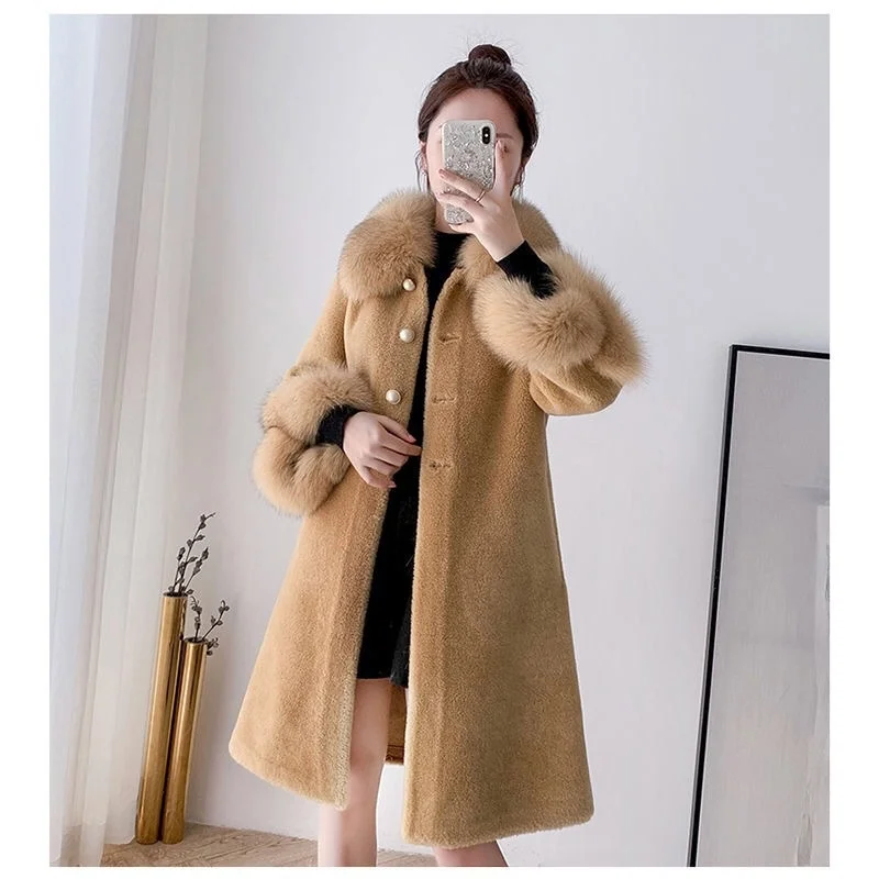 2021 Autumn And Winter Leisure Sheep Shearing Coat Women's Medium And Long Imitation Fox Fur Collar Loose Granular Fur Imitation