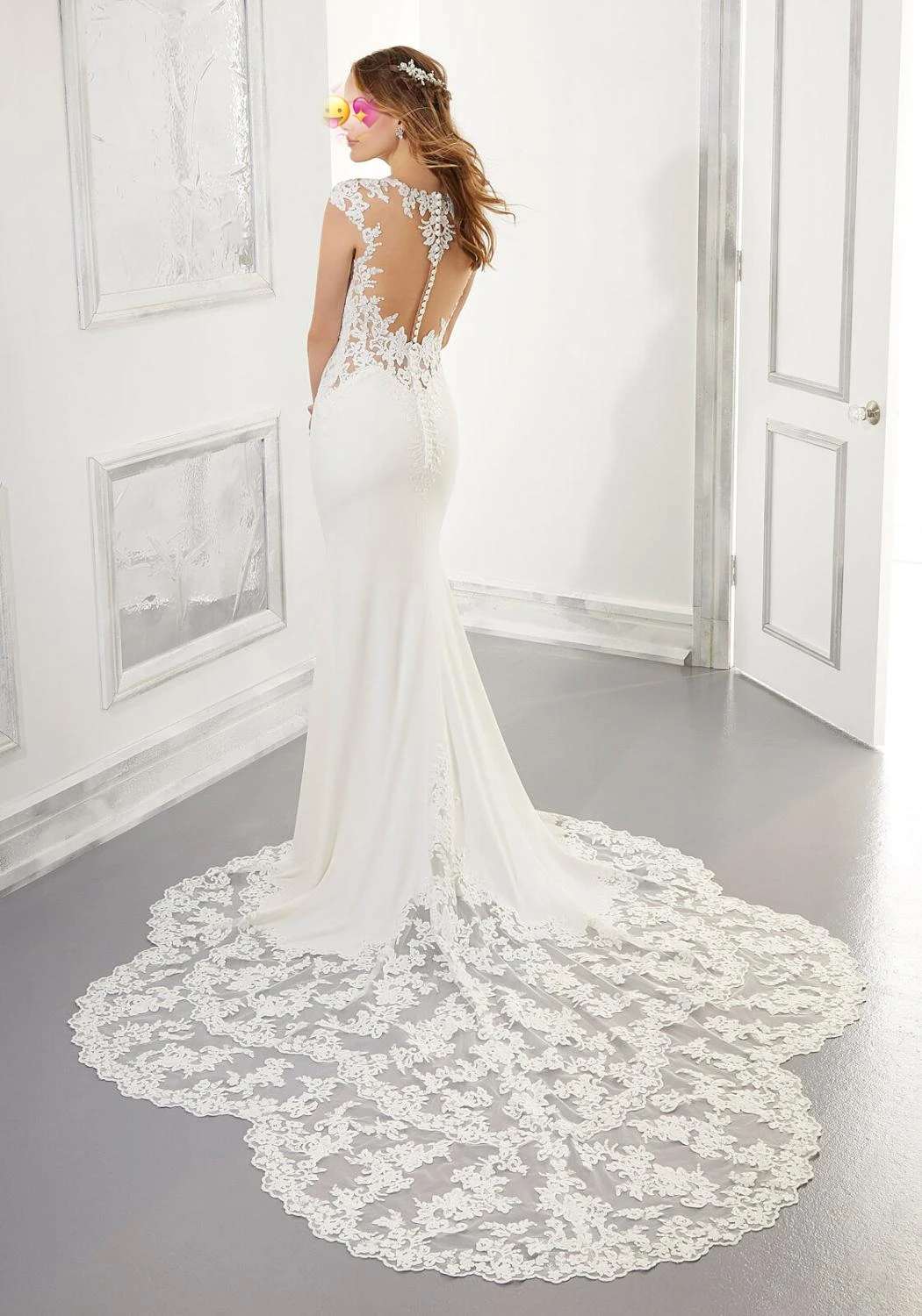 

Illusion Back Wedding Dresses Mermaid Bridal Dresses Satin Ruffles Lace Train Shiny Beading Crystal Sweetheart