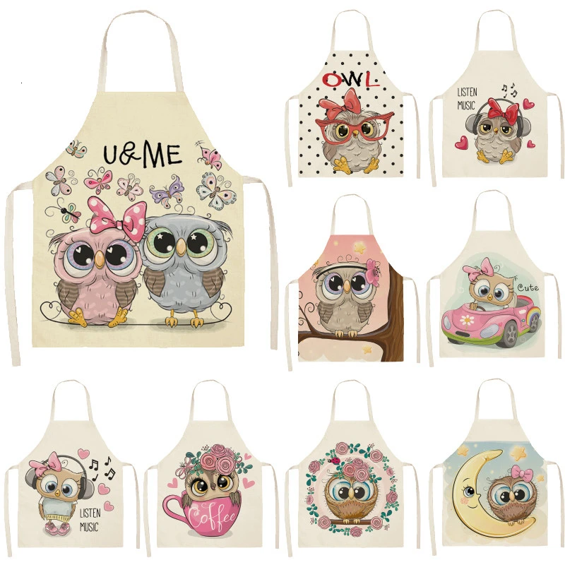 

1Pcs Owl Sleeveless Apron Cotton Linen Flower Printed Kitchen Brief Pinafore Women Home Cooking Baking Waist Bib 53*65cm