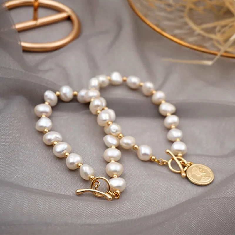 

S925 Sterling Silver Korean Baroque Freshwater Pearl Bracelet Temperament Design Cold Wind Bracelet Female 14K Real Gold