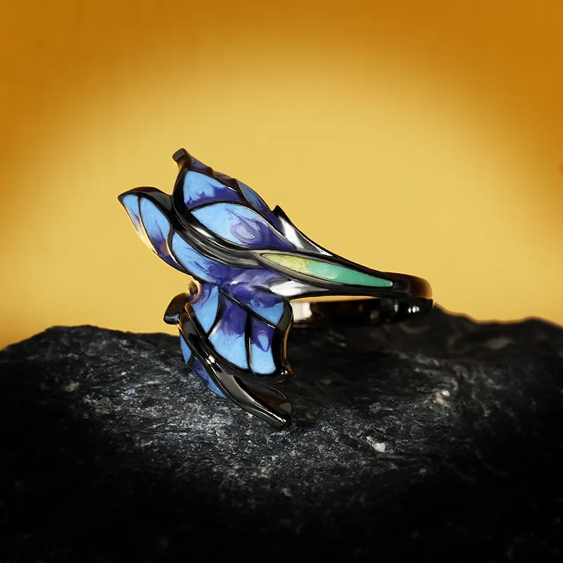 

925 Silver Women's Jewelry Unique Shape Blue Butterfly Enamel Ring Elegant Party Jewelry Handmade Enamel Butterfly Ring