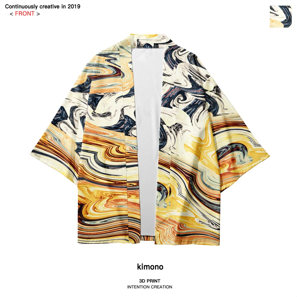 Японский рукав летучая мышь Haori Yukata кимоно летнее Кимоно Кардиган для мужчин Уличная 3D футболка кран суши костюм самурая кимоно