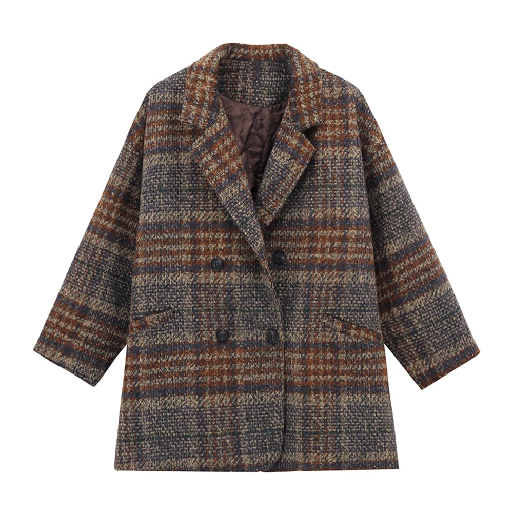 

checkered jacket Vintage Women's Plaid Woolen Coat Turn-down Collar Jacket Women's Woollen Coats Warm Outerwear Korean 2xl