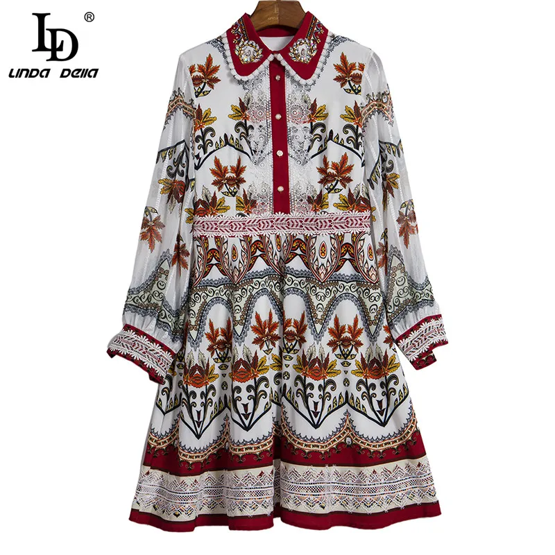 

LD LINDA DELLA 2021 Fashion Designer Summer Dress Women's Turn-down Collar Beading Lace Floral print Vintage Knee-Length Dress