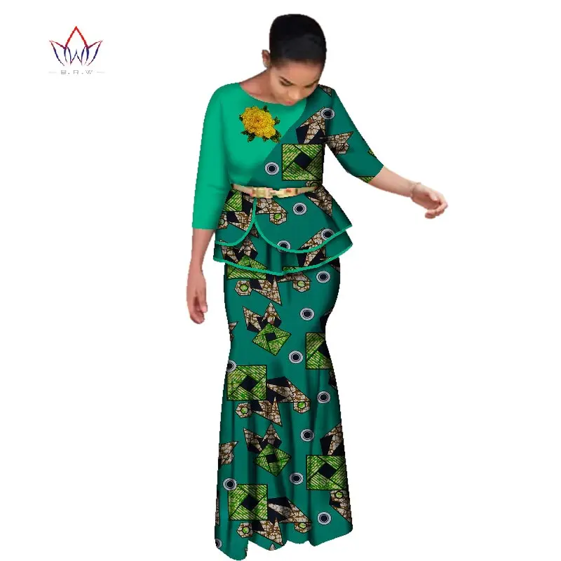 BRW Rose Embroidery Traditional African Skirt Set for Women Dashiki Free Headscarf African Clothes Elegant Party Dress WY2642