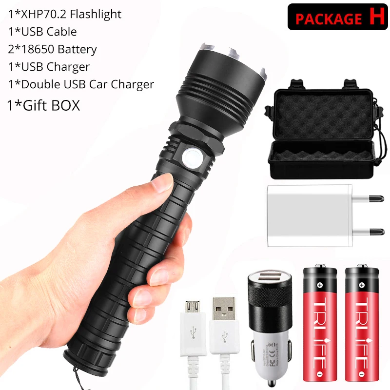 Package H-18650 Яркий светодиодный фонарик xhp70.2 самые мощные фонарики usb zoom torch xhp70 xhp50 26650 18650 перезаряжаемая лампа для кемпинга - Испускаемый цвет: Package H-18650