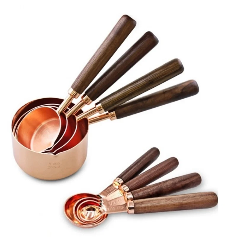 

4Pcs Multi Purpose Spoons/Cup Measuring Tools with Scale Baking Accessories Stainless Steel/Black Walnut Handle Kitchen Gadgets