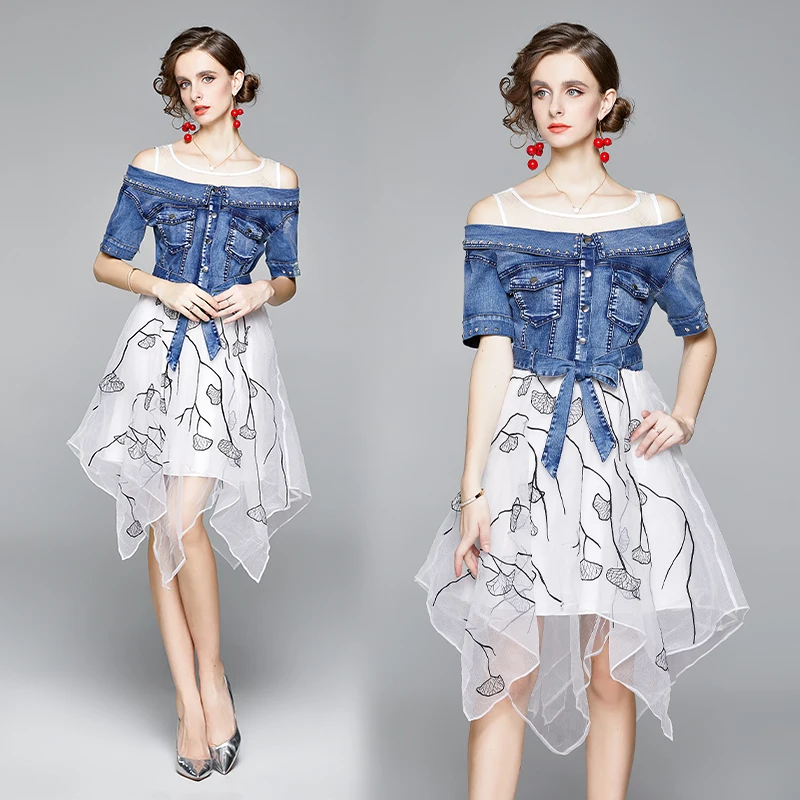 

Simgent Denim Dress Women High End Organza Patchwork Off the Shoulder Summer Asymmetrical Dresses Vestidos Robe Femme SG14194
