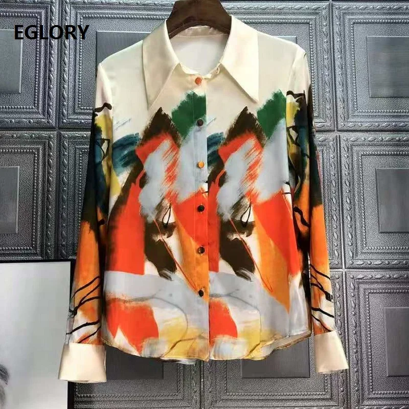 

Женская шелковая блузка с отложным воротником, винтажная Повседневная модельная рубашка с масляным принтом, весна-лето 2021