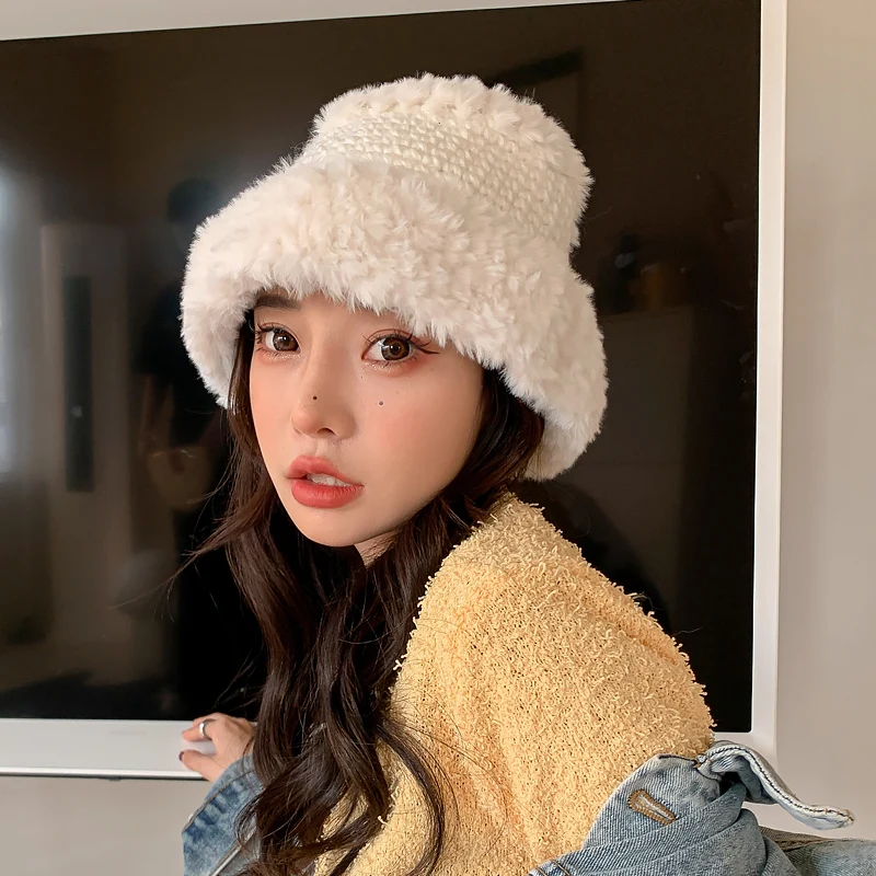 

Internet Celebrity Ins White Plush Fisherman Hat Female Fashion Warm Cap Protectors Knitted Wool Hat Basin Hat Autumn adn Winter