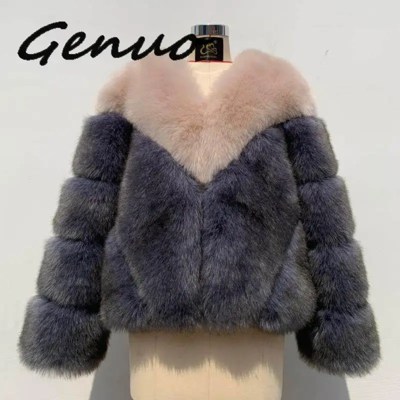 Luxury Contrast Color Fur Coat Women Winter Faux Fox Fur Jackets Coats Street Fashion Fluffy Overcoat Thick Warm Fake Fur Jacket