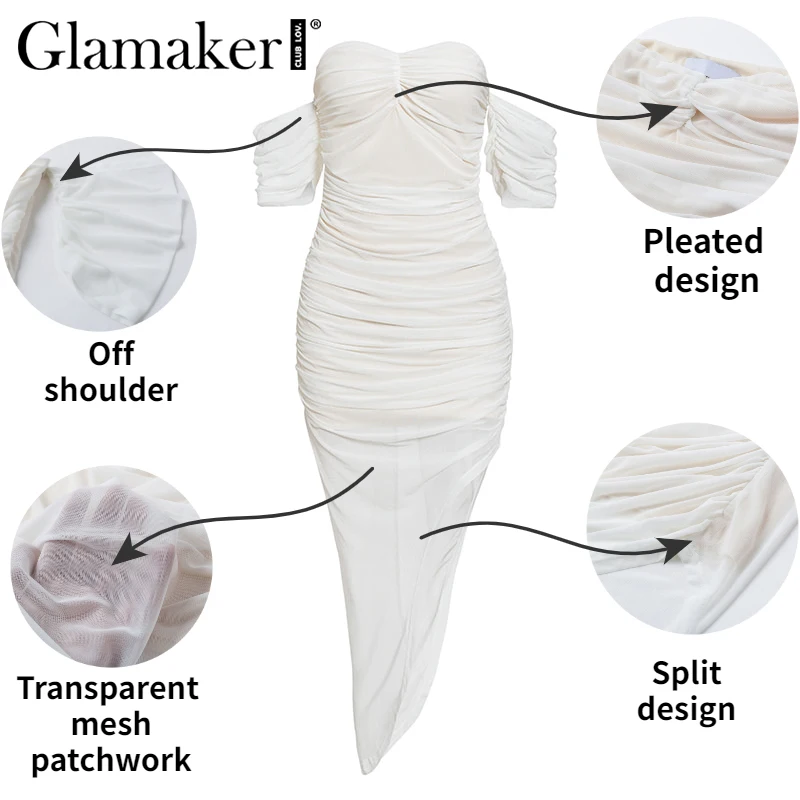 Женское прозрачное Сетчатое платье Glamaker белое Плиссированное вечернее с