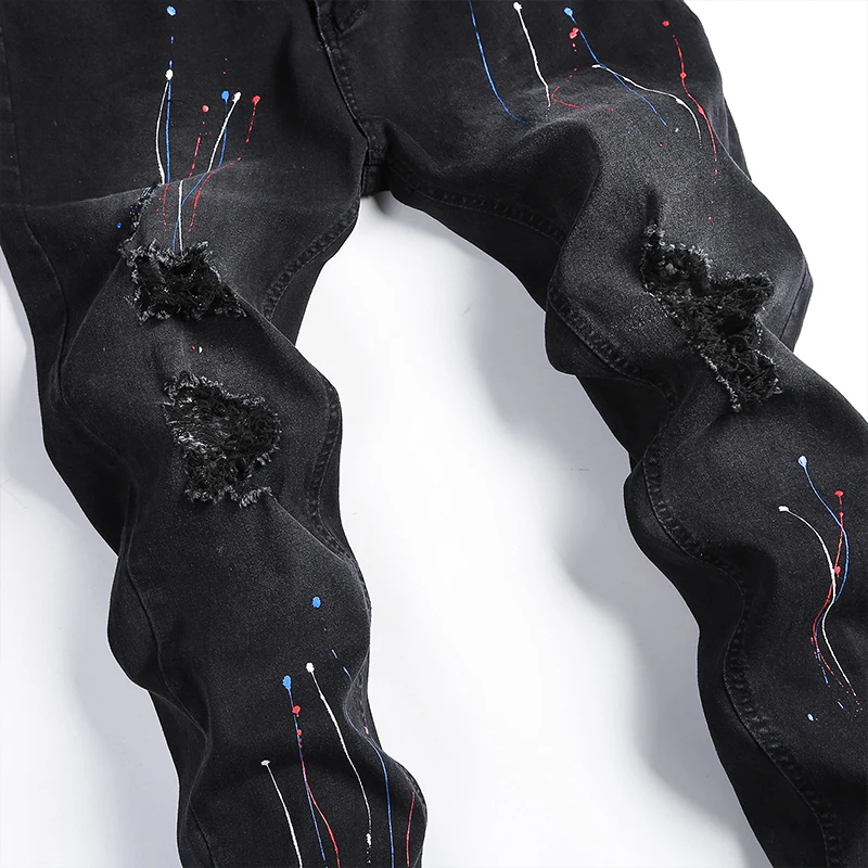Mens Fashion Paint Printing Ripped Skinny Jeans Patchwork Slim fit Biker Pencil Pants Hip Hop Jeans Male Casual Denim Trouses
