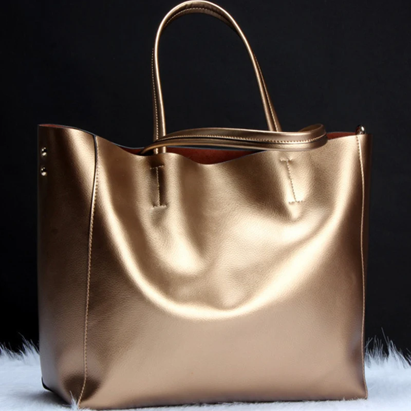 

Metallic Leather Tote Bag For Women Gold Silver Shoulder Mommy Bag Sac Femme Bolso Grande Bolsa De Couro Designer Handbags