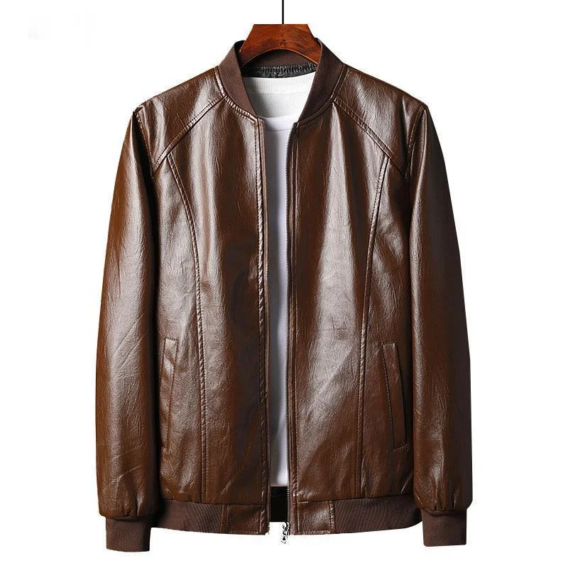 

Spring/Autumn Pu Leather Men Jacket Fashion Business Leisure Jacket Collarless Old Long Sleeve Windproof Coat Biker Jacket Men