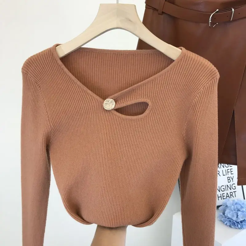 

Knitwear Woman Tshirts 2020 Autumn Women's Hollow Button Sexy All-match Slim Knitted T-shirt Lady Bodycon Tops