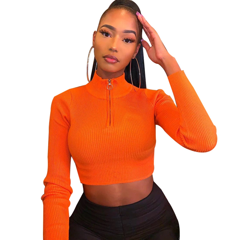 

Fashion Women Zipper Shirts Autumn Clothes Long Sleeve Slim Cropped Tops Solid Color Blouses Turtleneck Bare Belly Tops