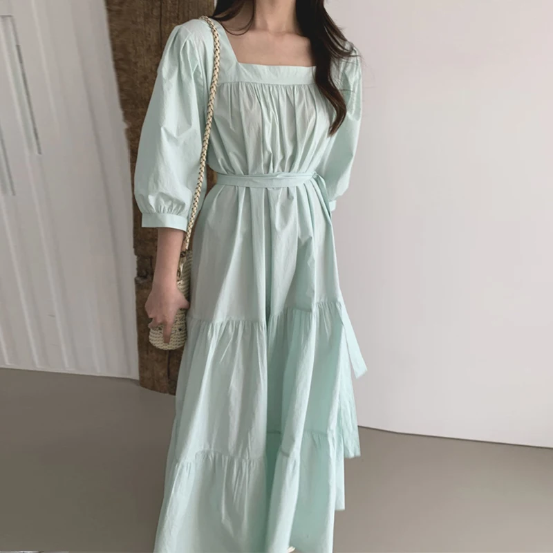 

New 2021 Women Summer Autunm Dress Oversize High Waist Square Collar Pure Lace Up Elegant Vintage Long Dress