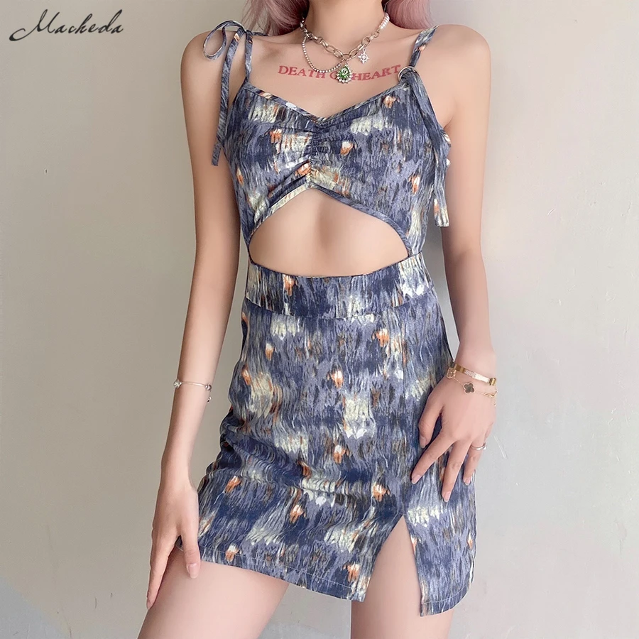 

Macheda Summer Sexy Hollow Out Sling Dress Women Fashion Printing V Neck Sleeveless Split Slim Lady Street Mini Dresses
