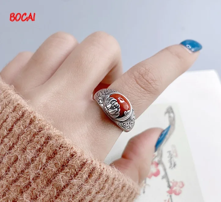 

999 pure silver sterling silver retro silver craft ring women's open silver inlaid southern safflower jewelry ring
