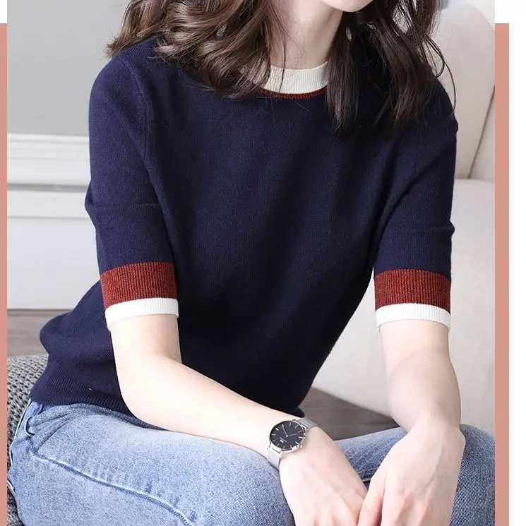 

Women's knitted base coat 2021 new summer ice silk knitted T-shirt women's short sleeve versatile Pullover round neck top