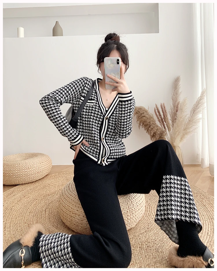 

Autumn Sweater Women Sweet Knitted Sweater Sets Plaid Two Piece Set Buttoned Sweater V-Neck Cardigan&Striped Trousers 2 PC Suits