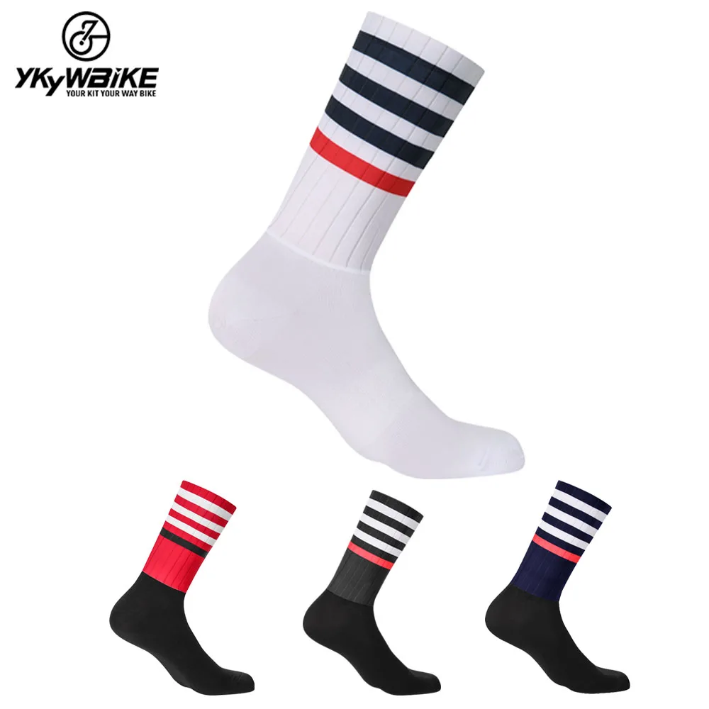YKYWBIKE Anti Slip Silicone Aero Socks Whiteline Cycling Socks Men Bicycle Sport Running Bike Socks