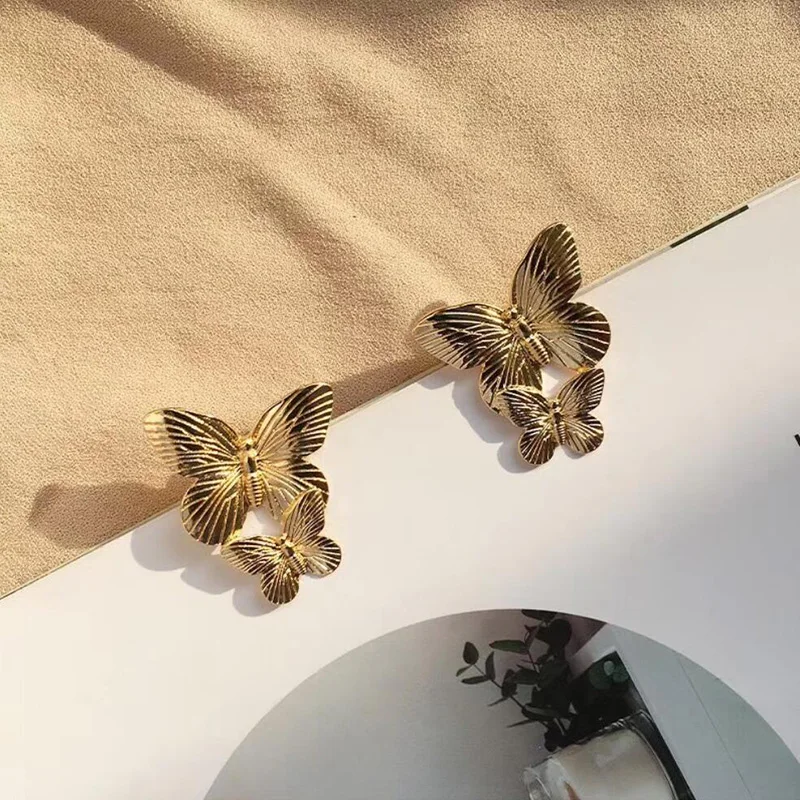 Korean Retro Asymmetric Butterfly Imitation Metal Earrings Fashion Double Brincos Long Statement Wings Jewelry | Украшения и