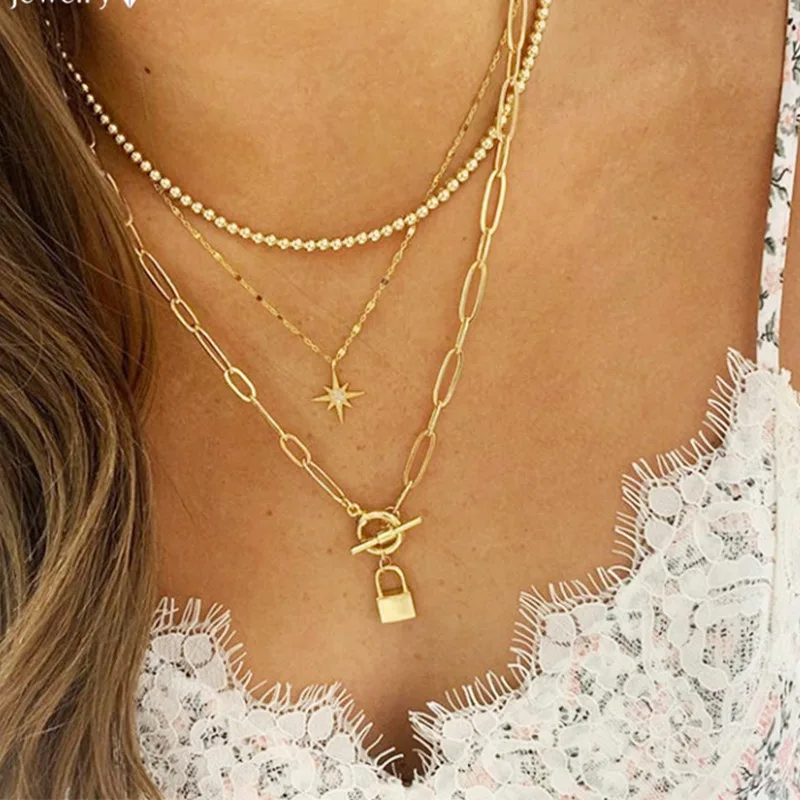 

Fashion Punk Clavicle Chain Necklace for Women Thick Chain Jewelry Creative Multilayer Eightpointed Star Pendant Necklace Collar